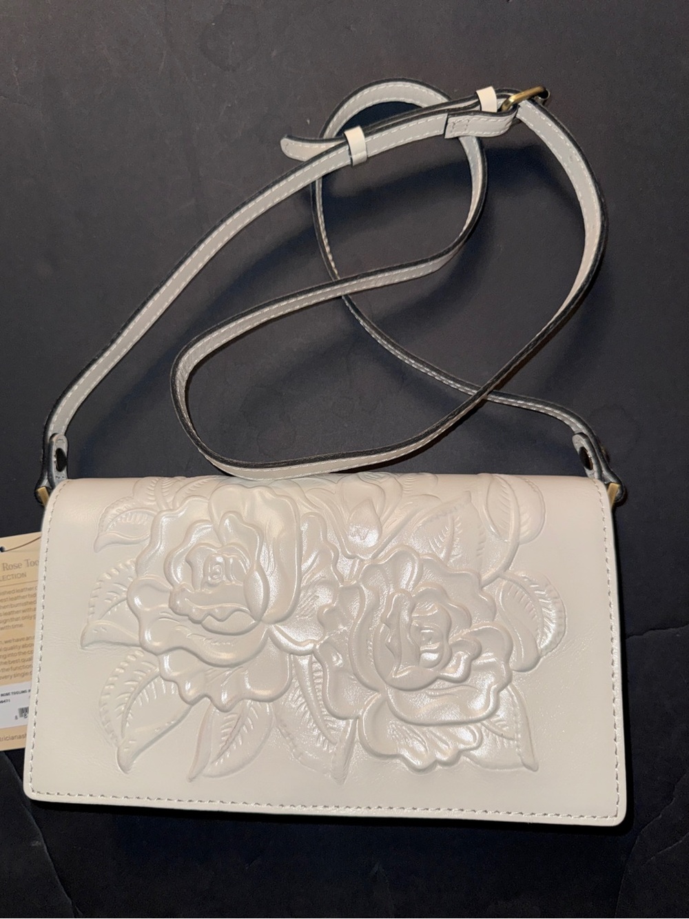 Patricia Nash Kent Burnished Rose Tooled Leather Crossbody Latte with Dust Bag